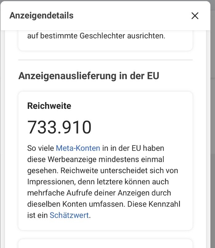 Meta-Anzeigendetails: Reichweite 733.910 Konten in der EU
